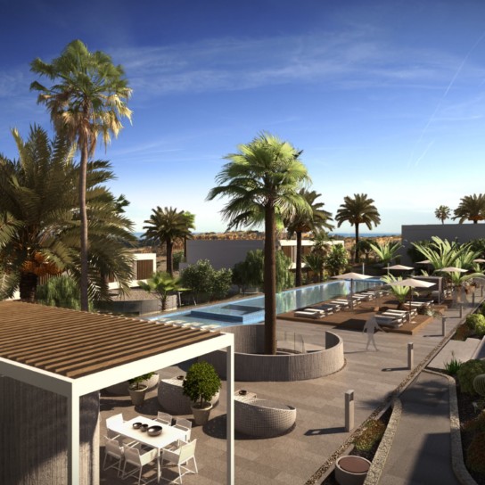 Aquitectura integrada con entorno. Vegetación. Piscina.